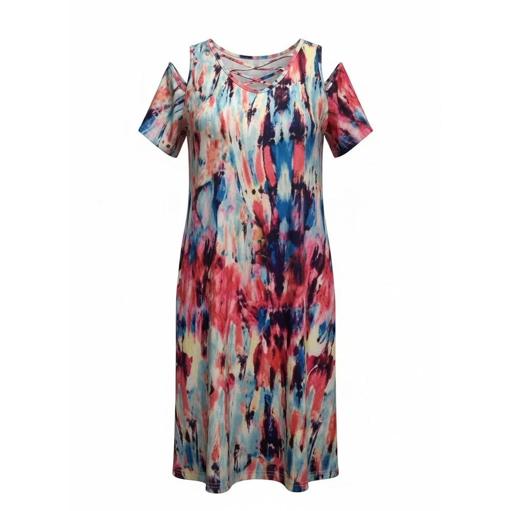 Bluetime Womens Tie Dye Cold Shoulder Knee Length Dress Multi Color Y2K Size M - Picture 1 of 7